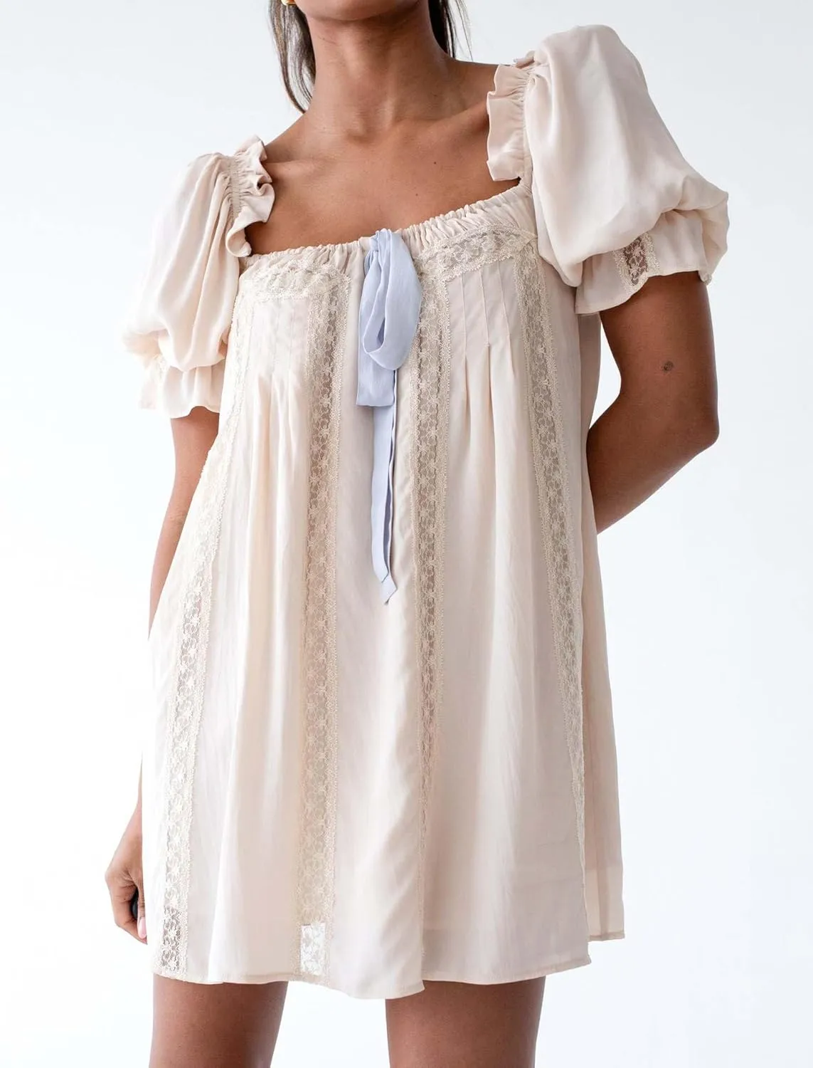 Womens Boho Babydoll Dress Front Bow Tie Patchwork Lace Ruffle Trim Puff Sleeve Floral Mini Dress