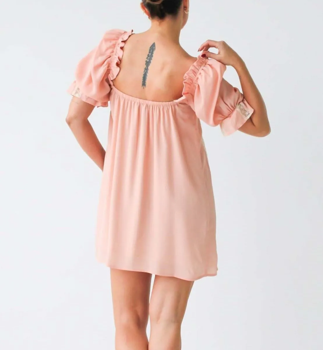 Womens Boho Babydoll Dress Front Bow Tie Patchwork Lace Ruffle Trim Puff Sleeve Floral Mini Dress