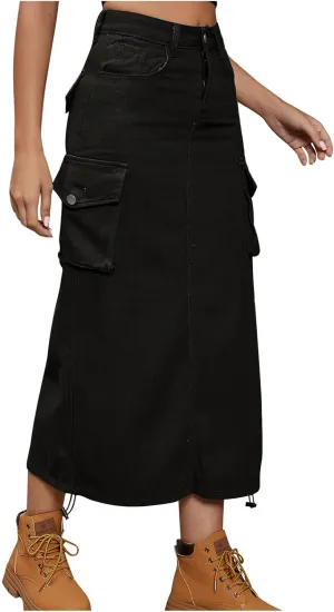 Women's Casual High Waist Maxi Skirt Denim Jean Cargo Skirts with Pockets A-Line Solid Bodycon Dress Skort