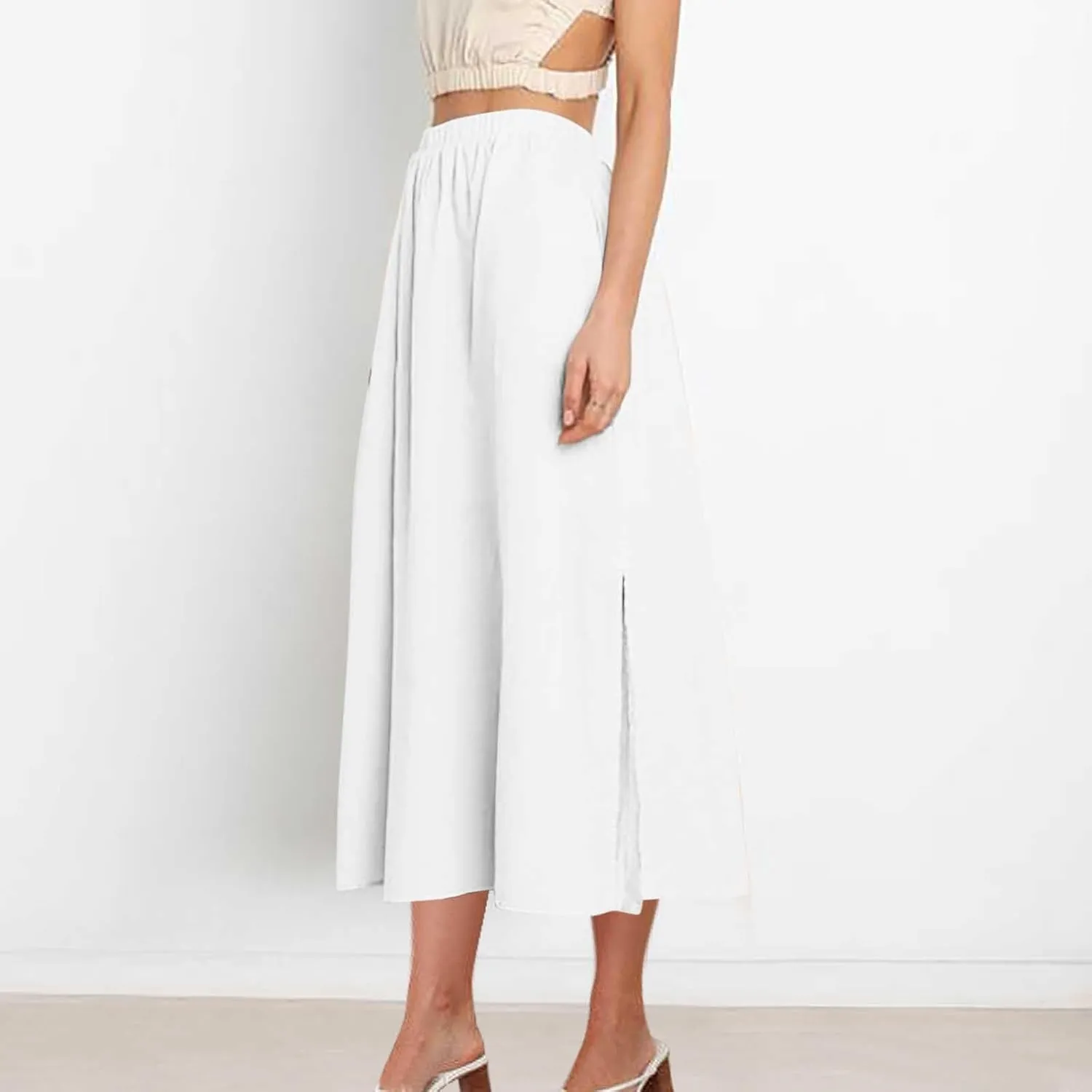 Women's Casual Skirt Elastic High Waist Pleated Flowy A-Line Midi Skirts 2025 Summer Trendy Midi Skirt with Pockets