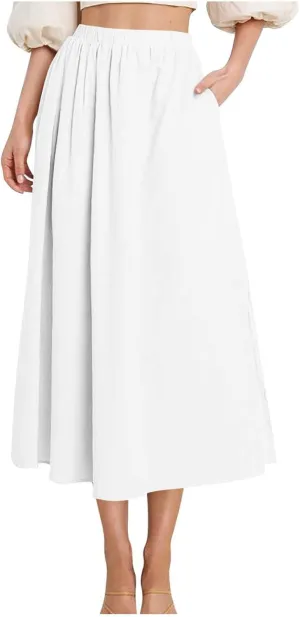 Women's Casual Skirt Elastic High Waist Pleated Flowy A-Line Midi Skirts 2025 Summer Trendy Midi Skirt with Pockets