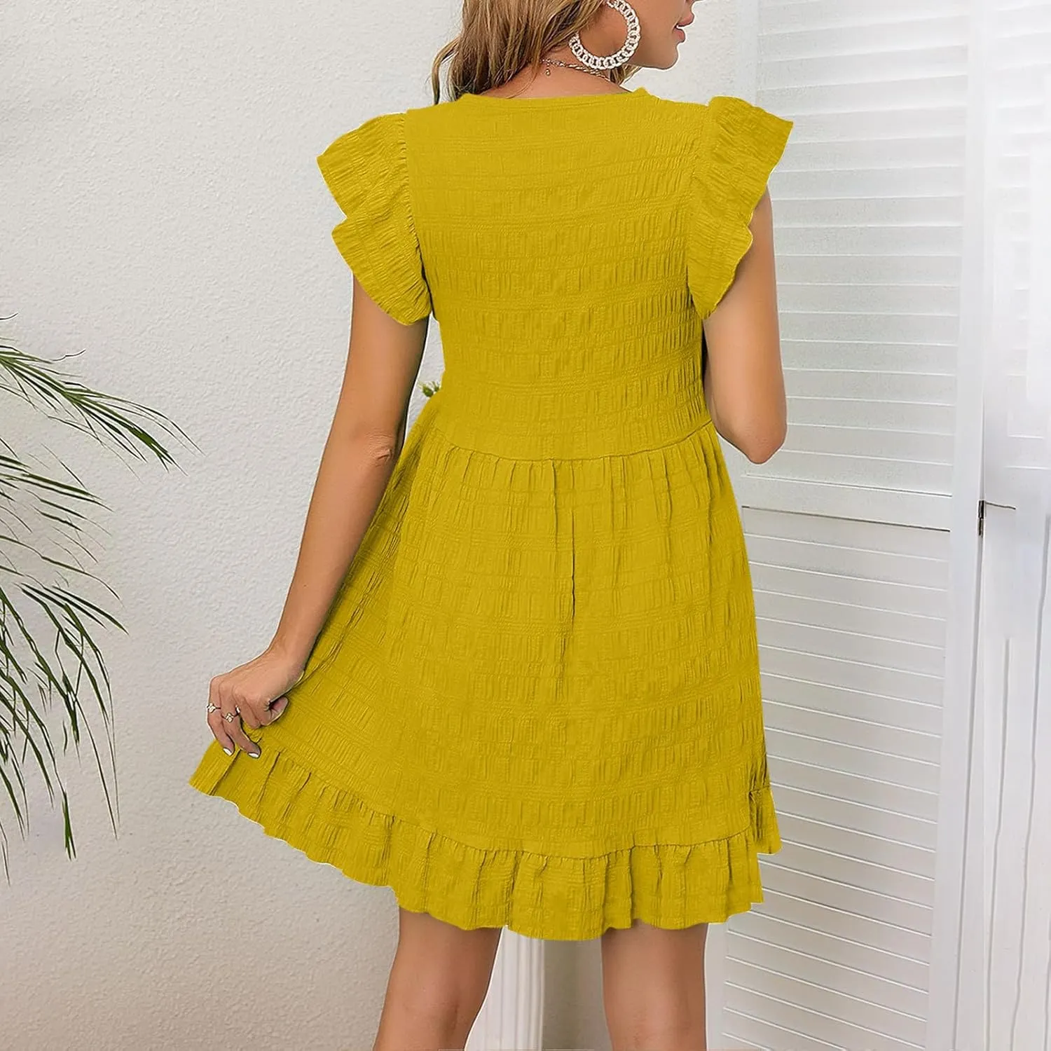 Womens Casual Summer Tunic Tshirt Mini Dresses Crewneck Ruffle Short Sleeve Beach Sundress Loose Casual Shift Dress