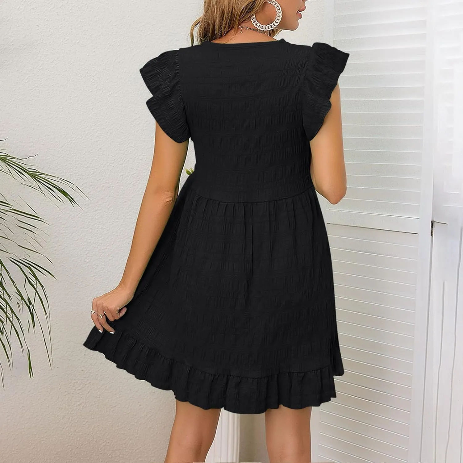 Womens Casual Summer Tunic Tshirt Mini Dresses Crewneck Ruffle Short Sleeve Beach Sundress Loose Casual Shift Dress