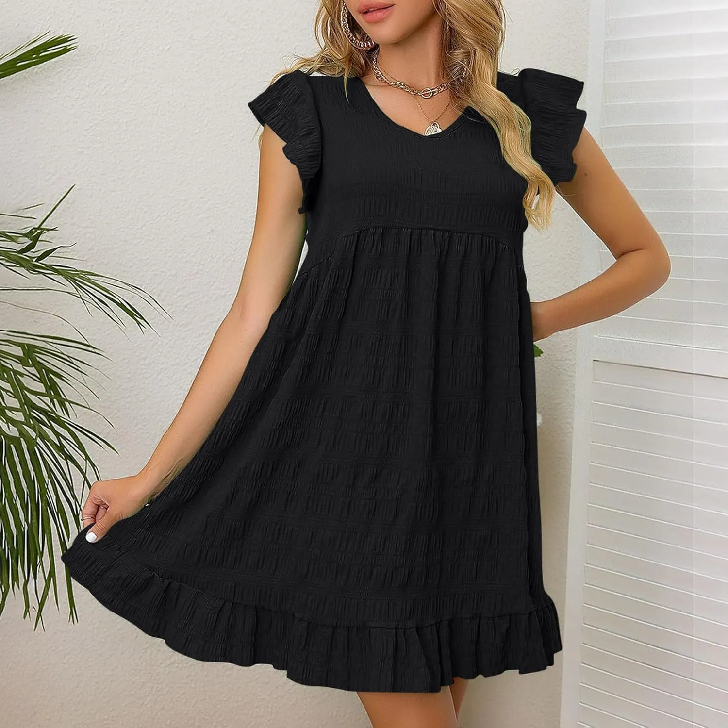 Womens Casual Summer Tunic Tshirt Mini Dresses Crewneck Ruffle Short Sleeve Beach Sundress Loose Casual Shift Dress