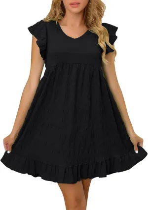 Womens Casual Summer Tunic Tshirt Mini Dresses Crewneck Ruffle Short Sleeve Beach Sundress Loose Casual Shift Dress