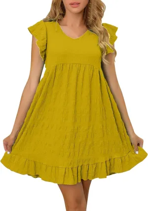 Womens Casual Summer Tunic Tshirt Mini Dresses Crewneck Ruffle Short Sleeve Beach Sundress Loose Casual Shift Dress