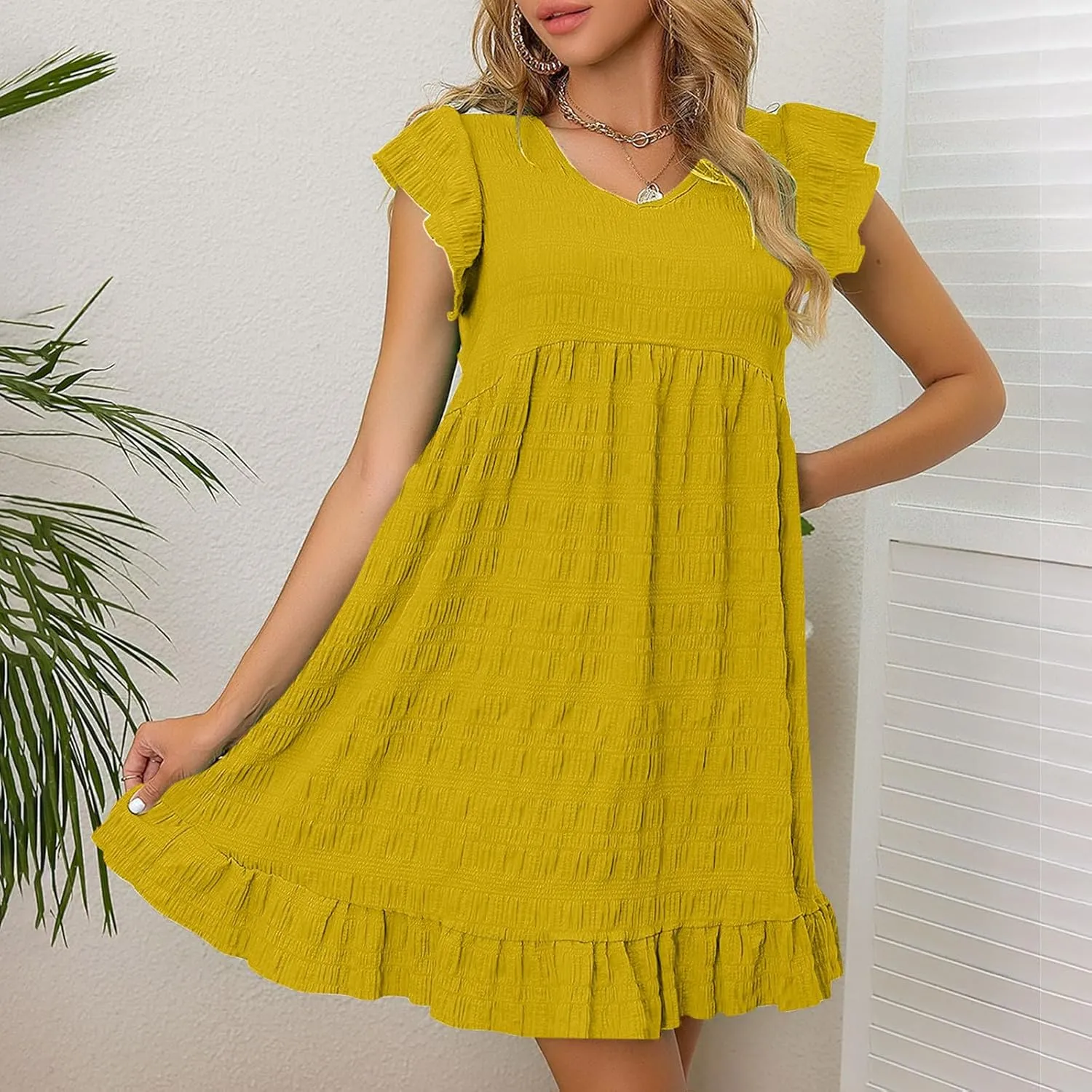 Womens Casual Summer Tunic Tshirt Mini Dresses Crewneck Ruffle Short Sleeve Beach Sundress Loose Casual Shift Dress