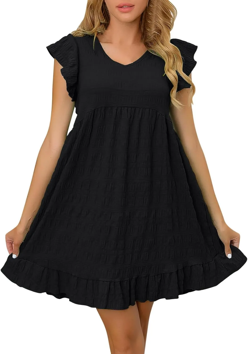 Womens Casual Summer Tunic Tshirt Mini Dresses Crewneck Ruffle Short Sleeve Beach Sundress Loose Casual Shift Dress