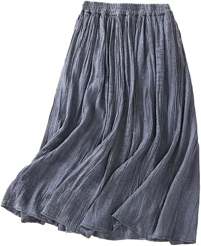 Womens Cotton Linen Skirts Summer Casual Flowy Elastic High Waist Pleated A-Line Midi Skirts with Pockets