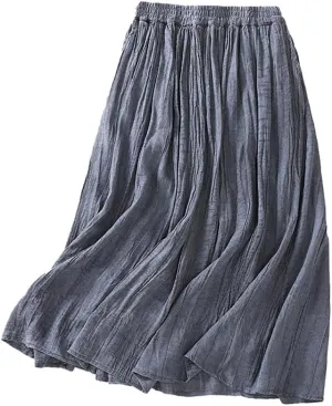 Womens Cotton Linen Skirts Summer Casual Flowy Elastic High Waist Pleated A-Line Midi Skirts with Pockets