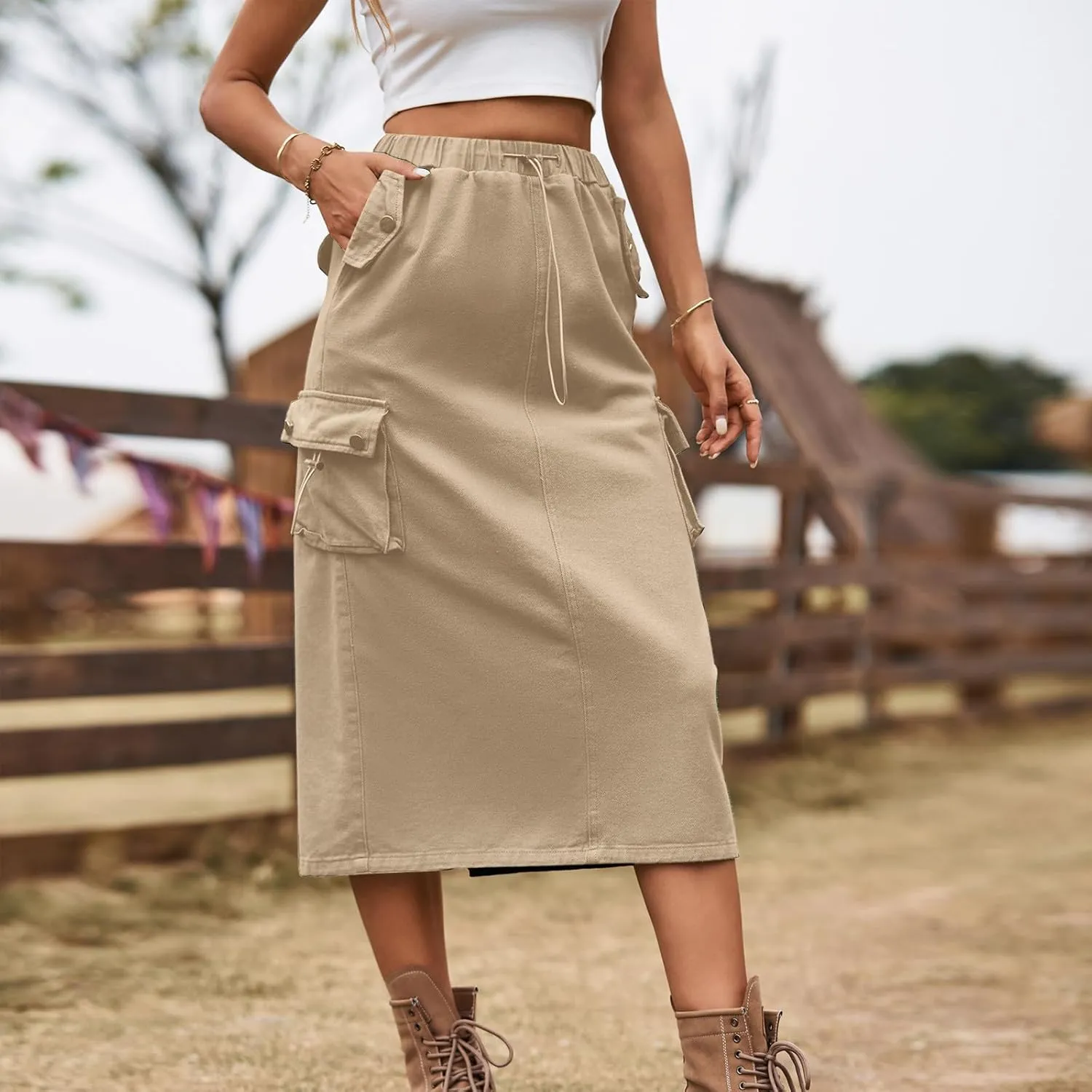 Women's Denim Cargo Long Skirts Elastic High Waisted Pencil Skirt Casual Midi Length Jean Skirt with Cargo Pockets