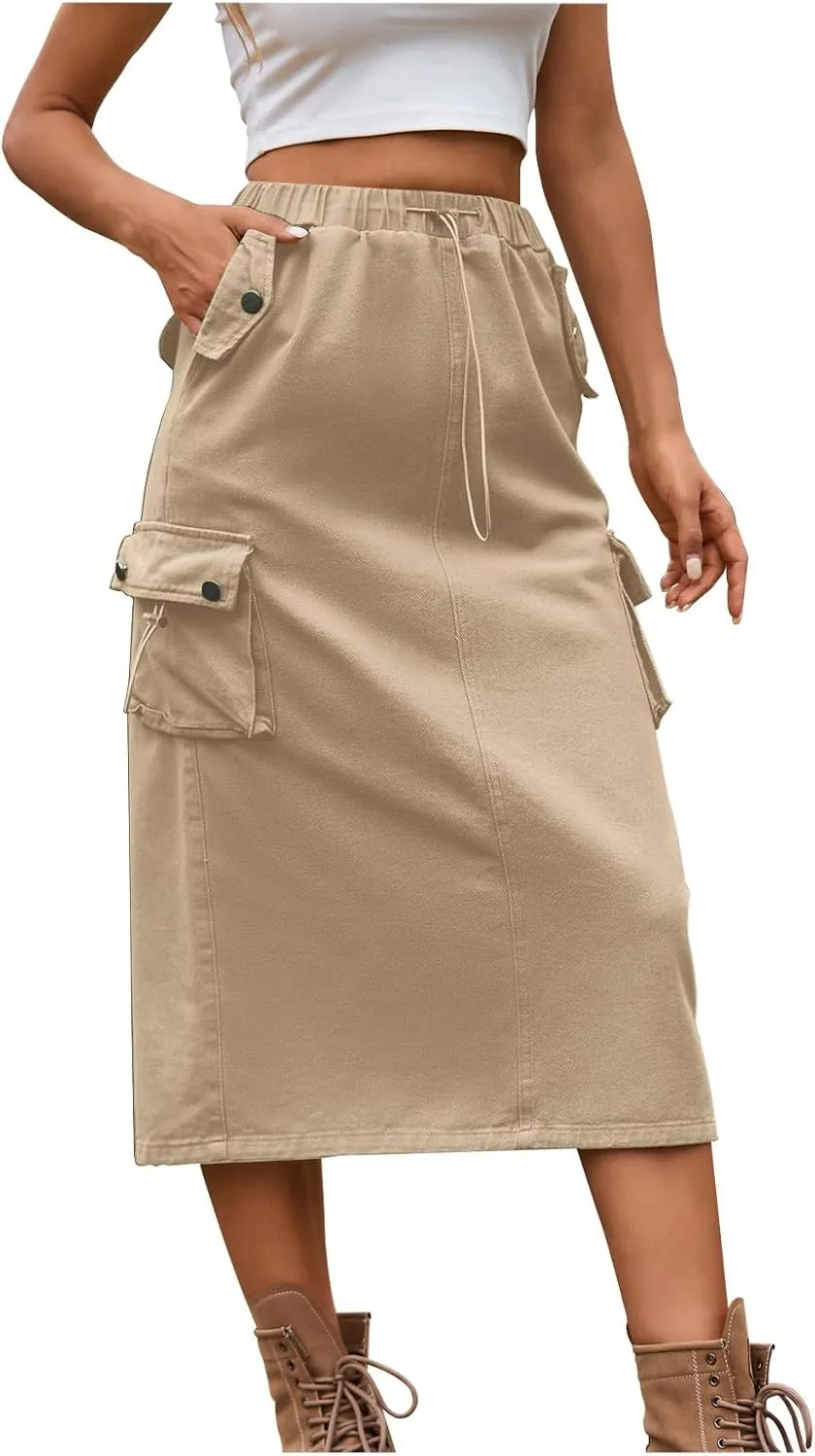 Women's Denim Cargo Long Skirts Elastic High Waisted Pencil Skirt Casual Midi Length Jean Skirt with Cargo Pockets