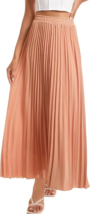 Womens Elastic High Waist Flowy Pleated Skirt Chiffon Swing A-line Beach Maxi Skirt