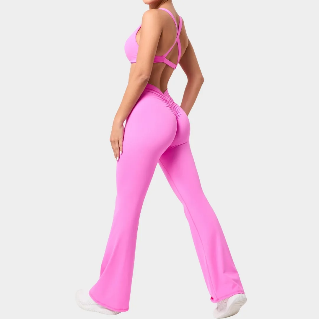 Women's Flared Yoga Set - High Waist Training Pants & Cross Back Sports Bra - Multiple Colours