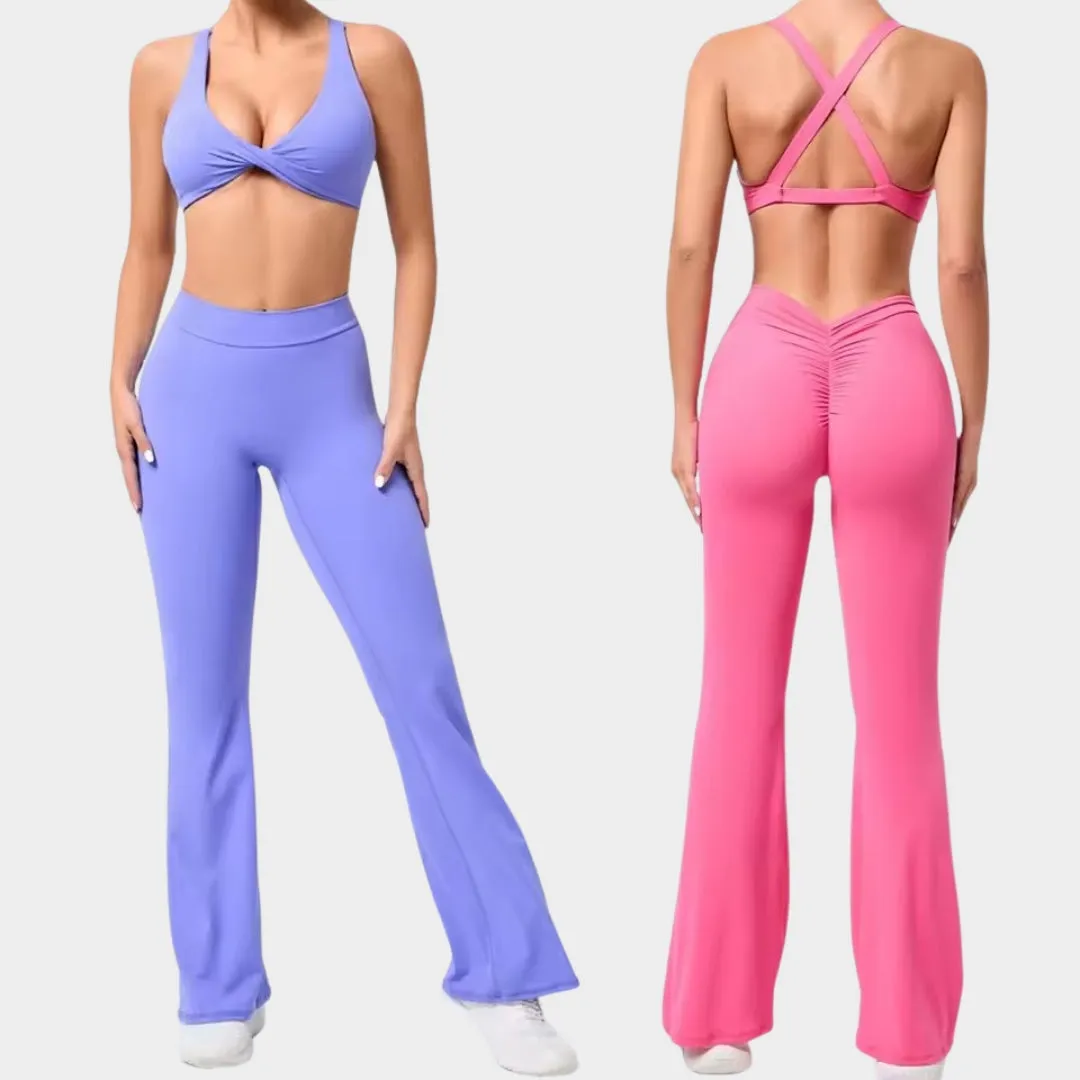 Women's Flared Yoga Set - High Waist Training Pants & Cross Back Sports Bra - Multiple Colours