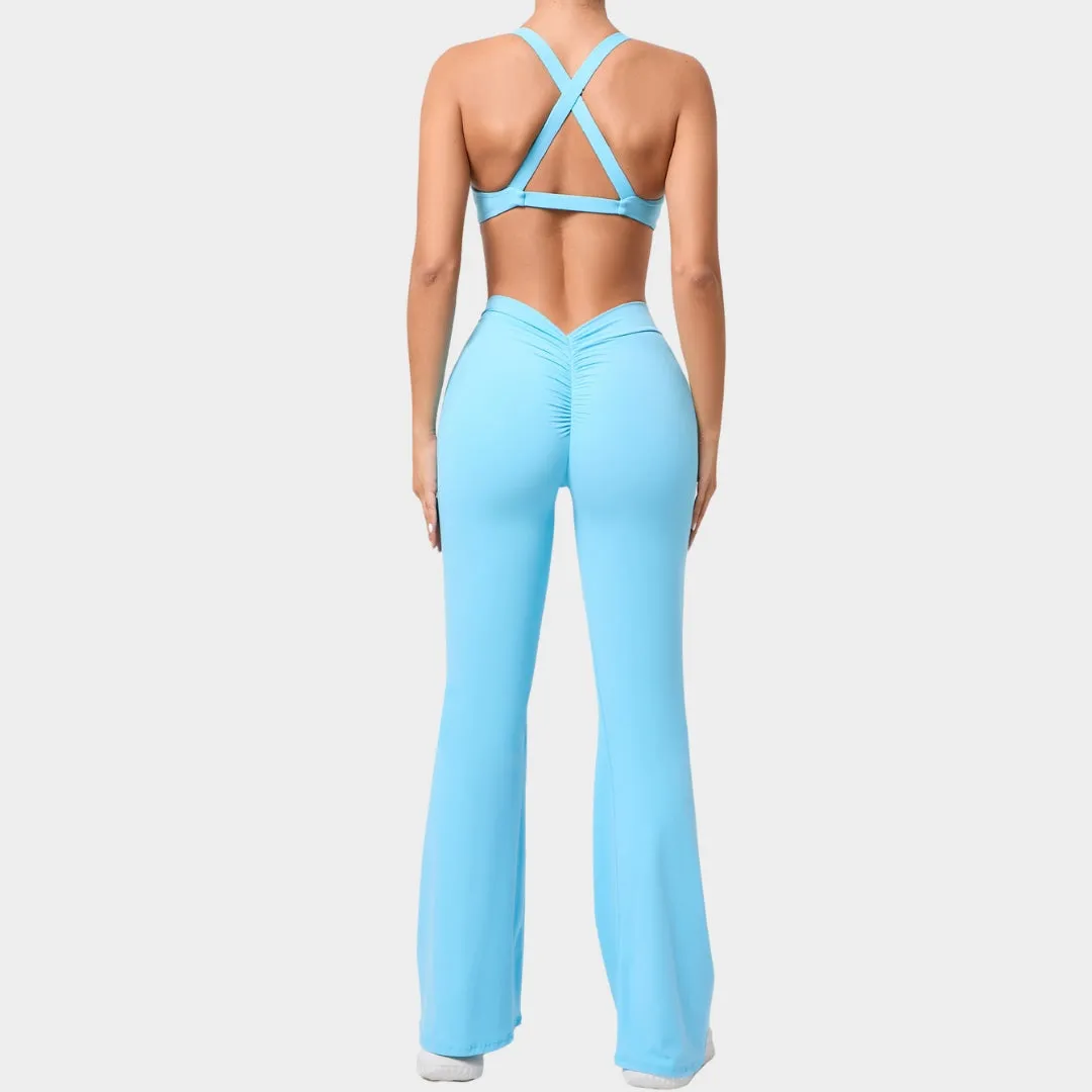 Women's Flared Yoga Set - High Waist Training Pants & Cross Back Sports Bra - Multiple Colours