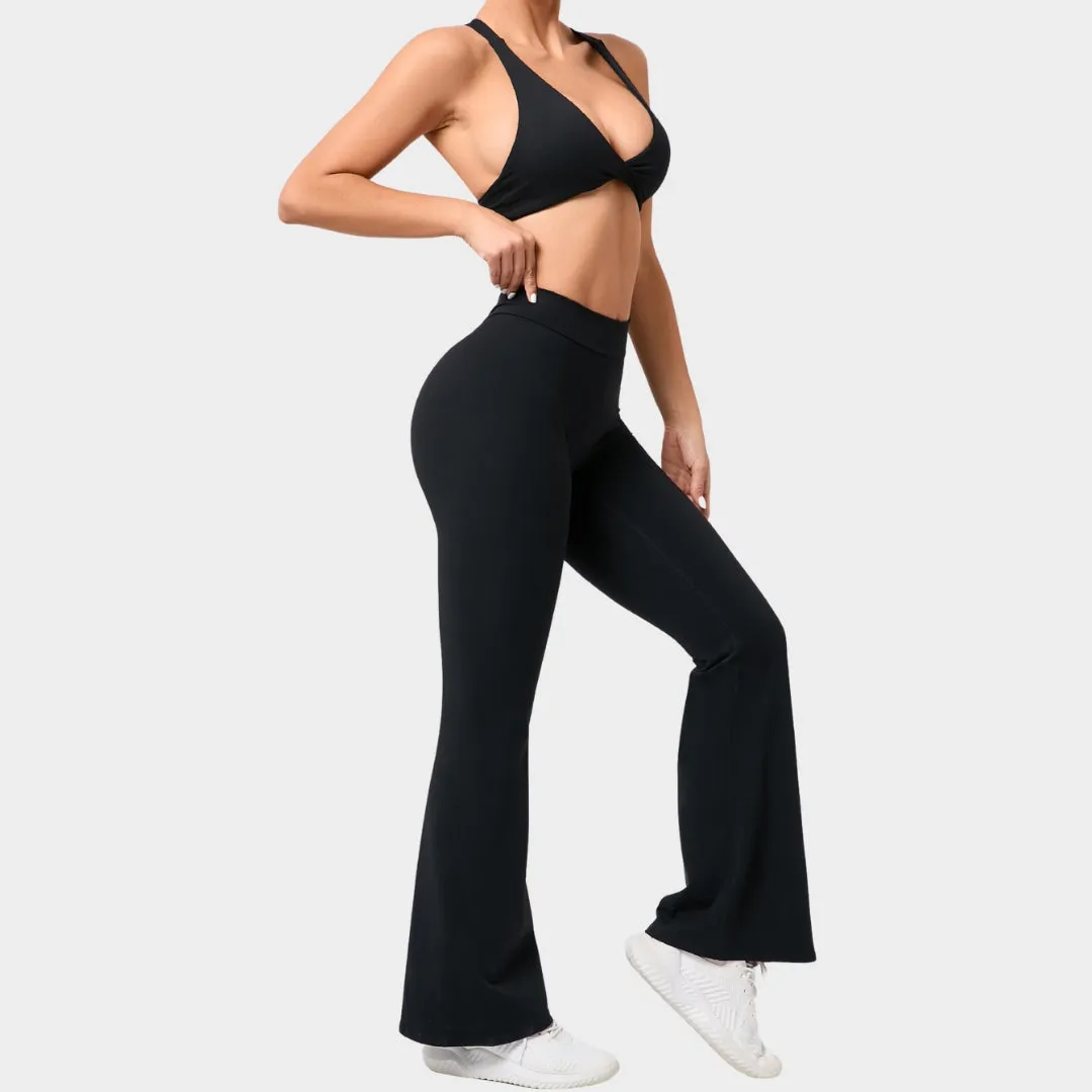 Women's Flared Yoga Set - High Waist Training Pants & Cross Back Sports Bra - Multiple Colours