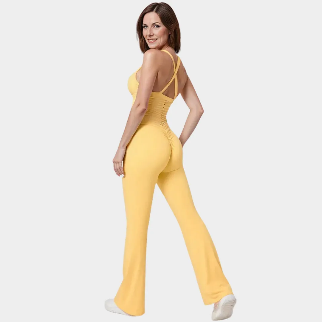 Women's Flared Yoga Set - High Waist Training Pants & Cross Back Sports Bra - Multiple Colours