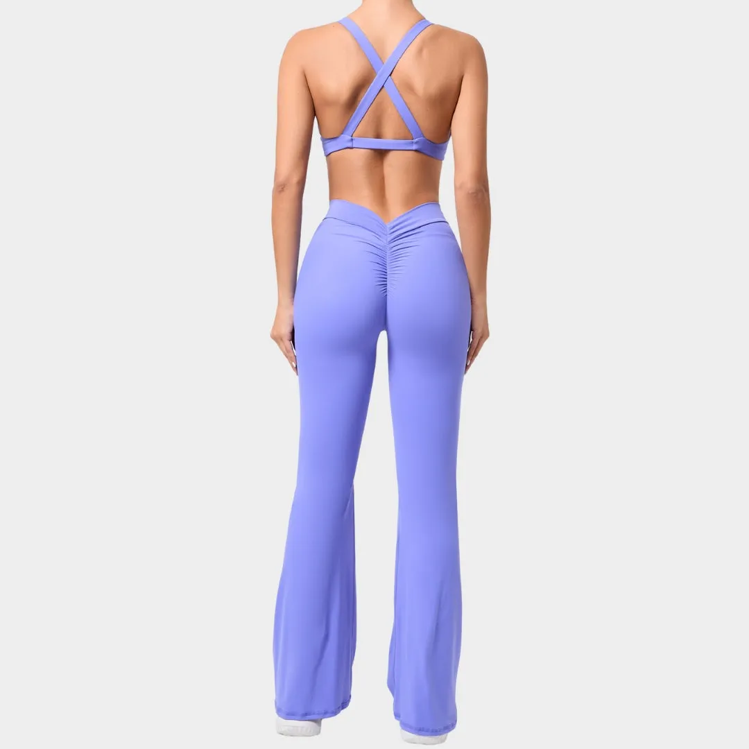 Women's Flared Yoga Set - High Waist Training Pants & Cross Back Sports Bra - Multiple Colours