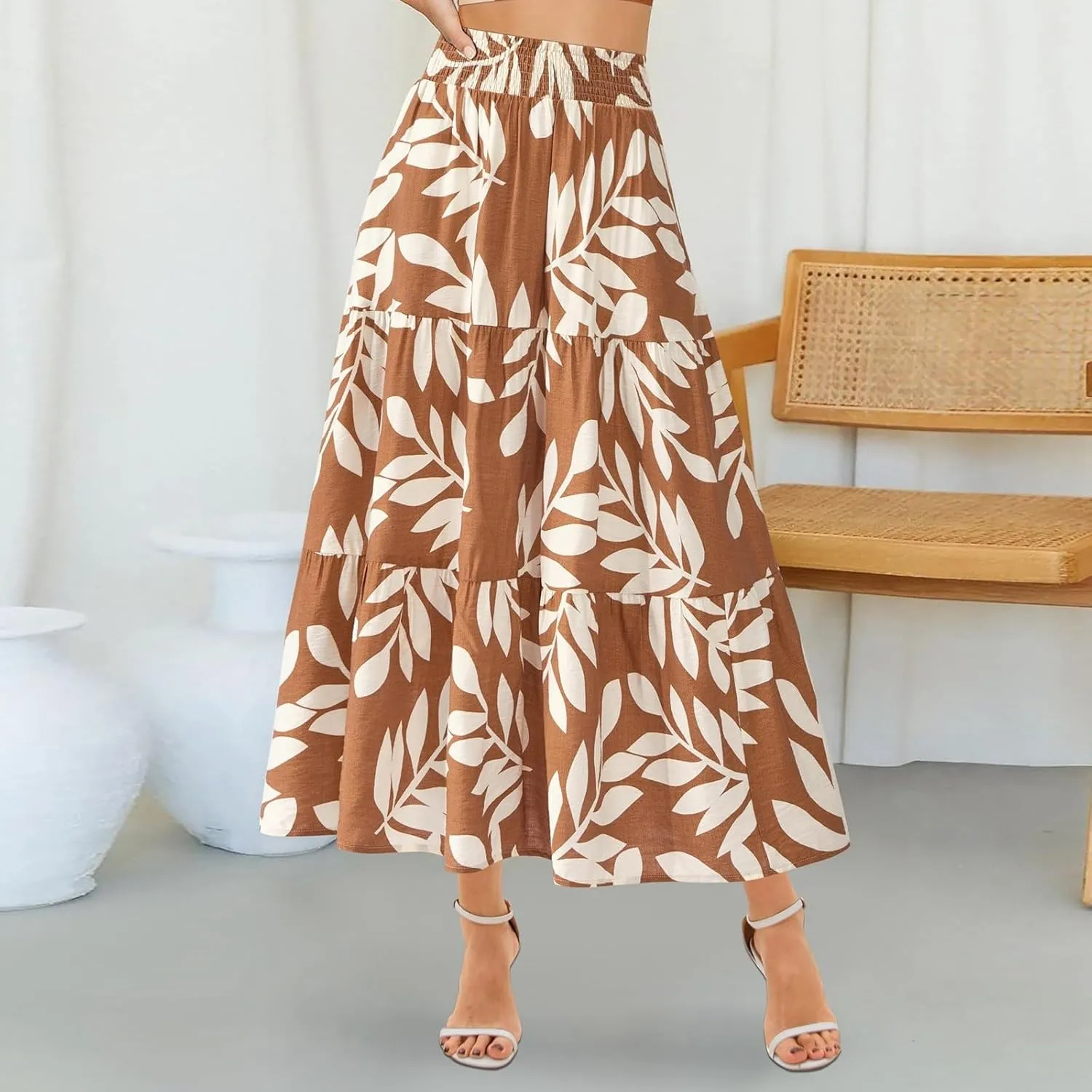 Women's Floral Print Midi Skirts 2025 Summer Aline Elastic High Waist Pleated Flowy Long Skirt Pockets Cute Skirts