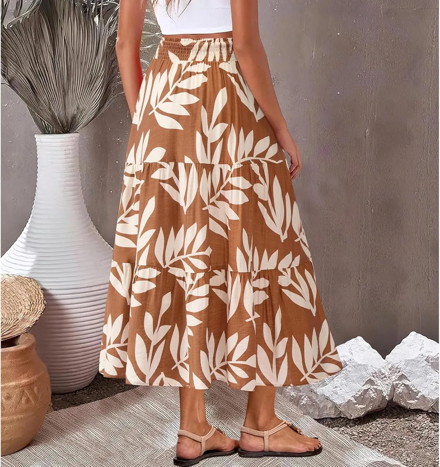 Women's Floral Print Midi Skirts 2025 Summer Aline Elastic High Waist Pleated Flowy Long Skirt Pockets Cute Skirts