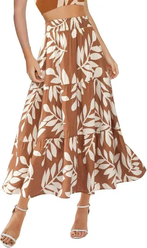 Women's Floral Print Midi Skirts 2025 Summer Aline Elastic High Waist Pleated Flowy Long Skirt Pockets Cute Skirts