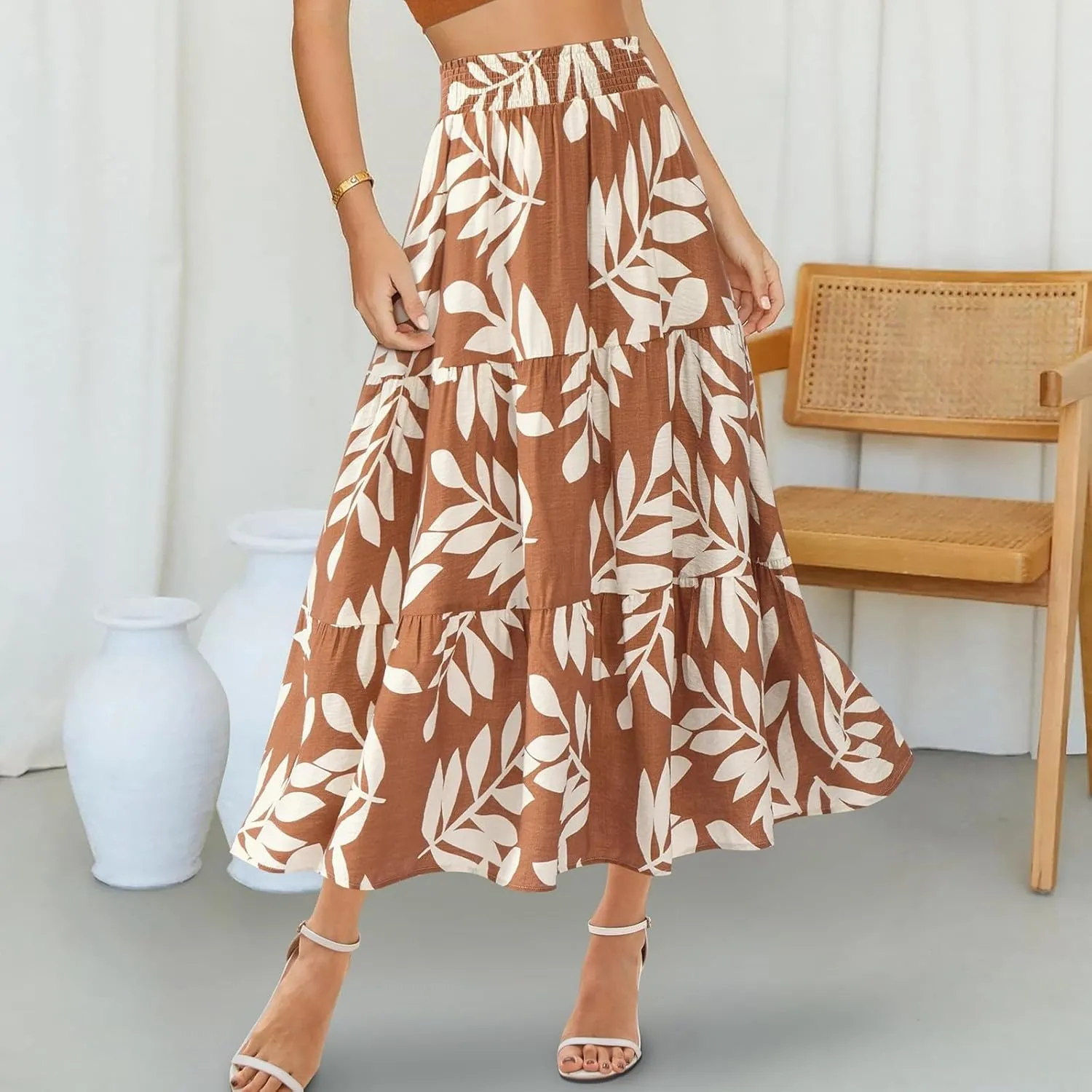 Women's Floral Print Midi Skirts 2025 Summer Aline Elastic High Waist Pleated Flowy Long Skirt Pockets Cute Skirts