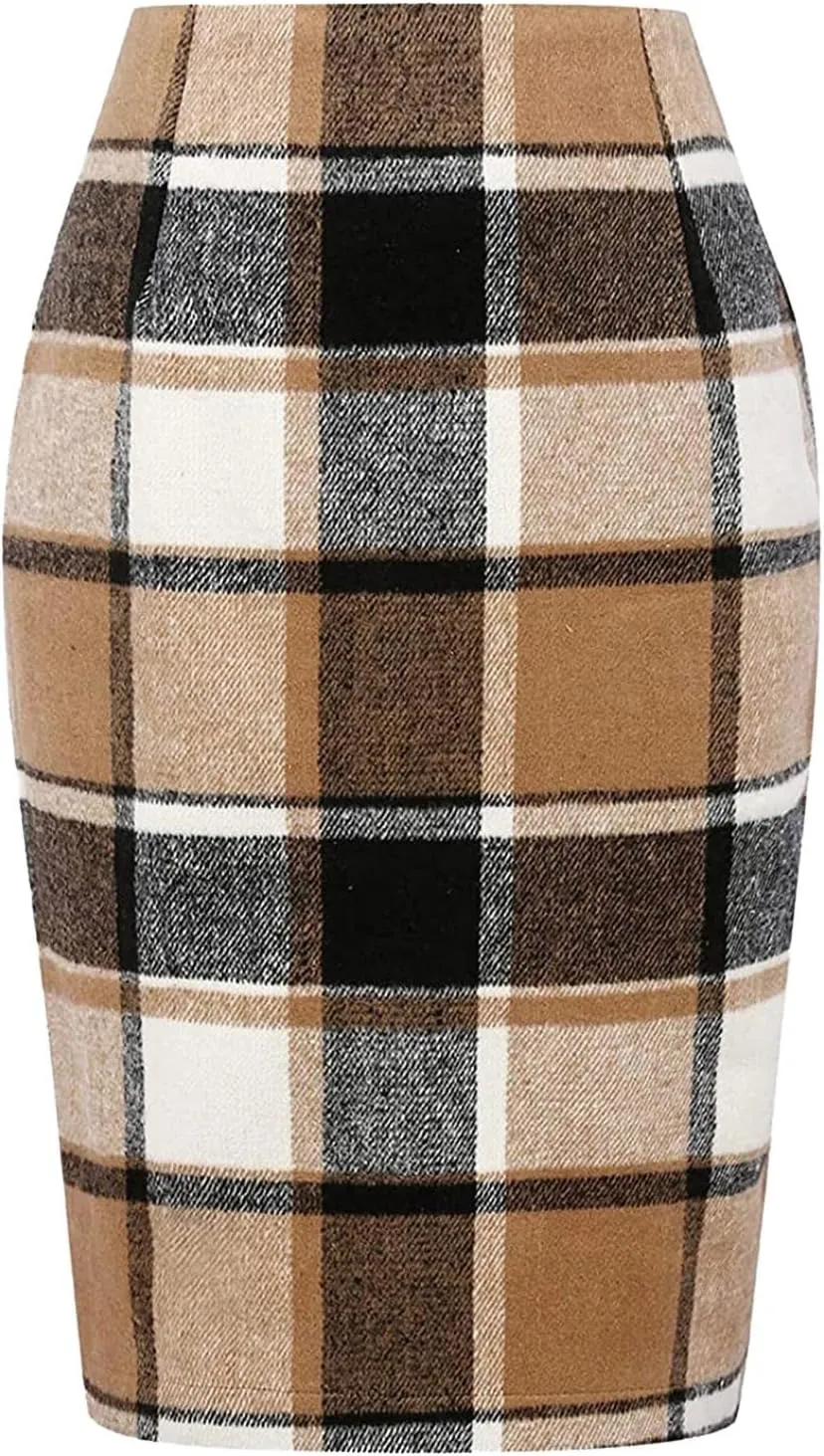 Womens High Waist Plaid Skirt Bodycon Pencil Wool Mini Skirts Fall Winter Casual Slim Xmas Hip-Covering Skirt