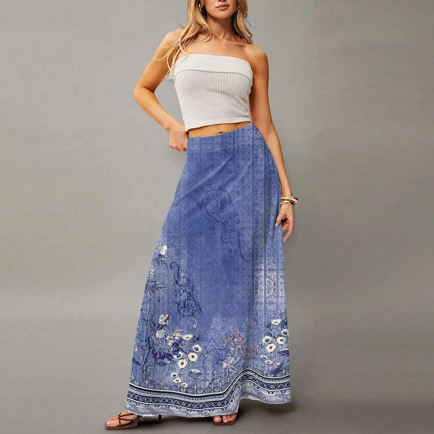 Women's Long Skirts Fall High Waisted Stretchy Vintage Floral Beach Swing Maxi Skirt 2025, S-2XL