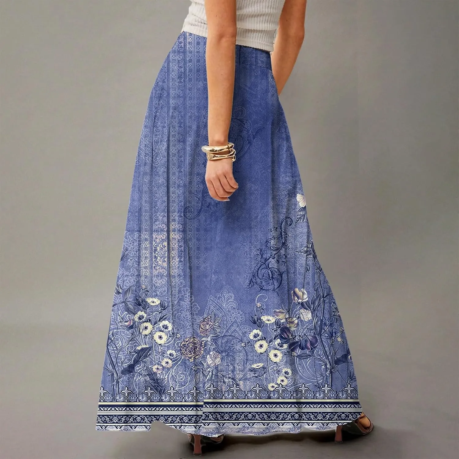 Women's Long Skirts Fall High Waisted Stretchy Vintage Floral Beach Swing Maxi Skirt 2025, S-2XL