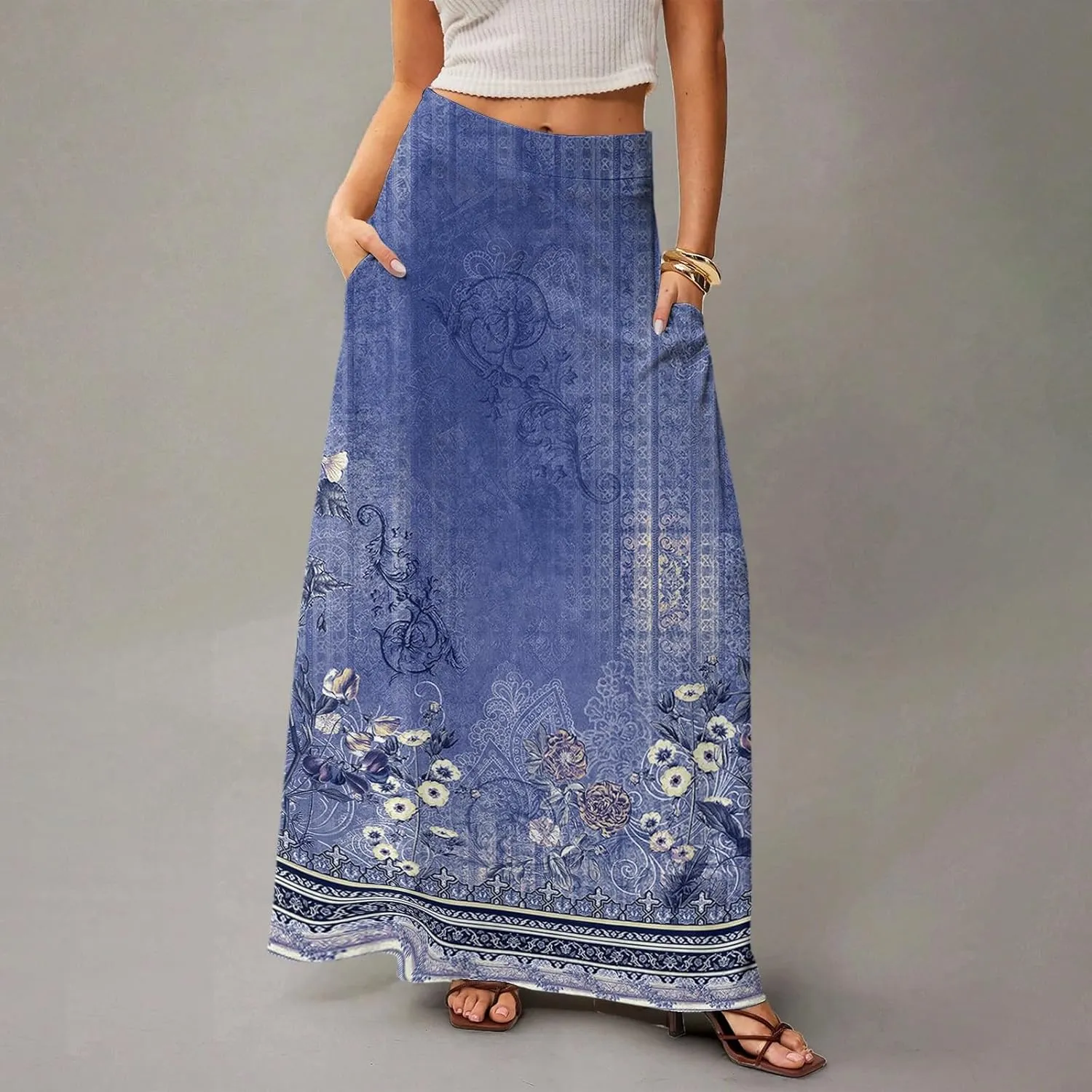 Women's Long Skirts Fall High Waisted Stretchy Vintage Floral Beach Swing Maxi Skirt 2025, S-2XL
