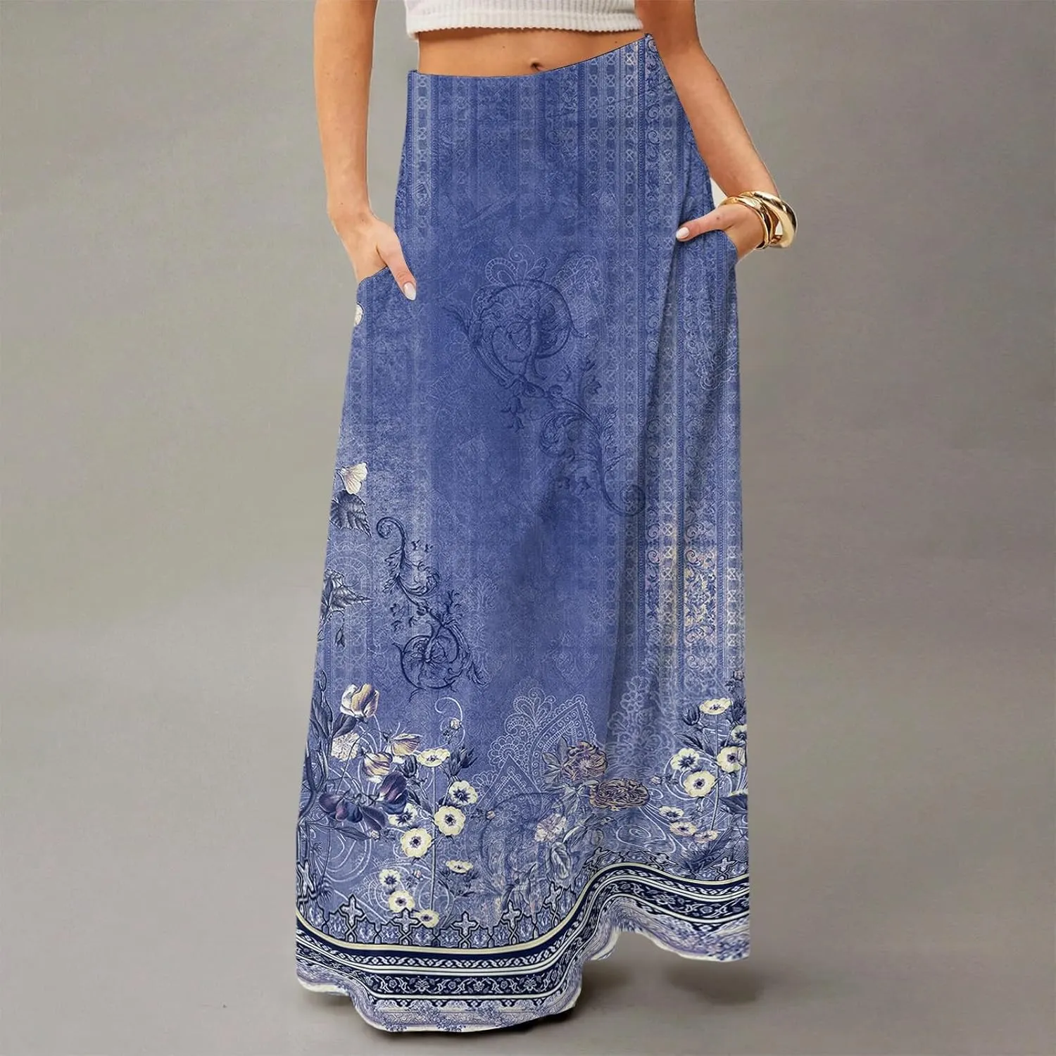 Women's Long Skirts Fall High Waisted Stretchy Vintage Floral Beach Swing Maxi Skirt 2025, S-2XL