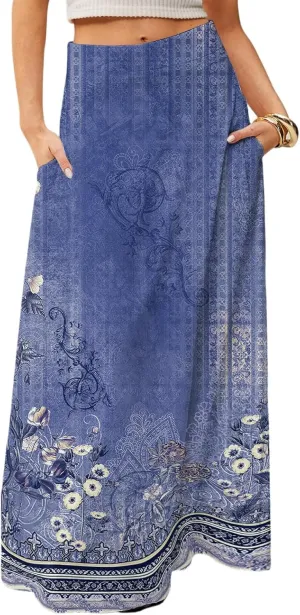 Women's Long Skirts Fall High Waisted Stretchy Vintage Floral Beach Swing Maxi Skirt 2025, S-2XL