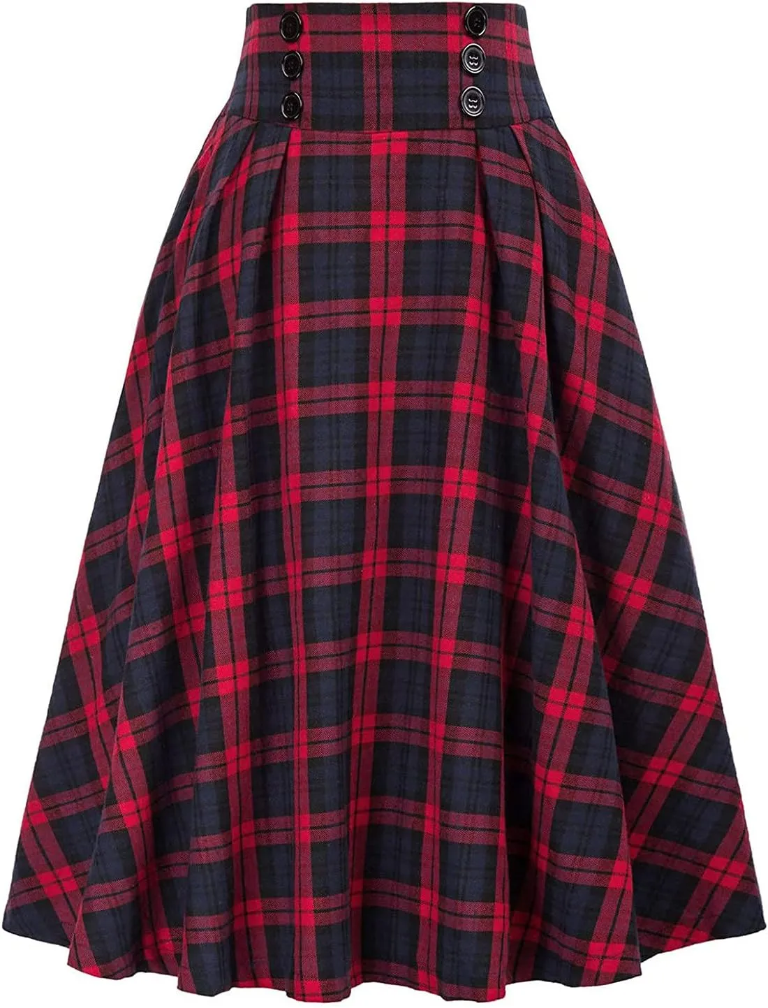 Women's Plaid Skirts Casual High Waist Button Flowy Midi Skirt 2024 Fall Winter Trendy Classic Knee Length Skirts