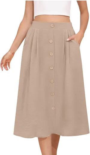 Women's Pleated A-line Midi Skirt Elastic Waist Fake Button Front Casual Flared Long Skirts Summer Office Work Skirt