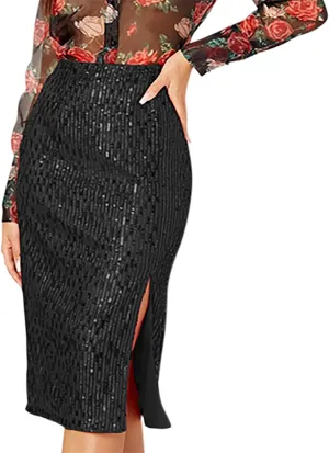 Women's Sequin Skirt High Waist Side Split Sparkly Glitter Pencil Midi Skirts Sexy Elegant Cocktail Party Skirt