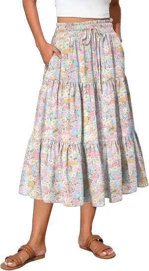 Womens Skirts Midi Length Boho Beach Vacation Flowy Floral Skirt Summer Casual Tiered High Waisted A Line Skirt