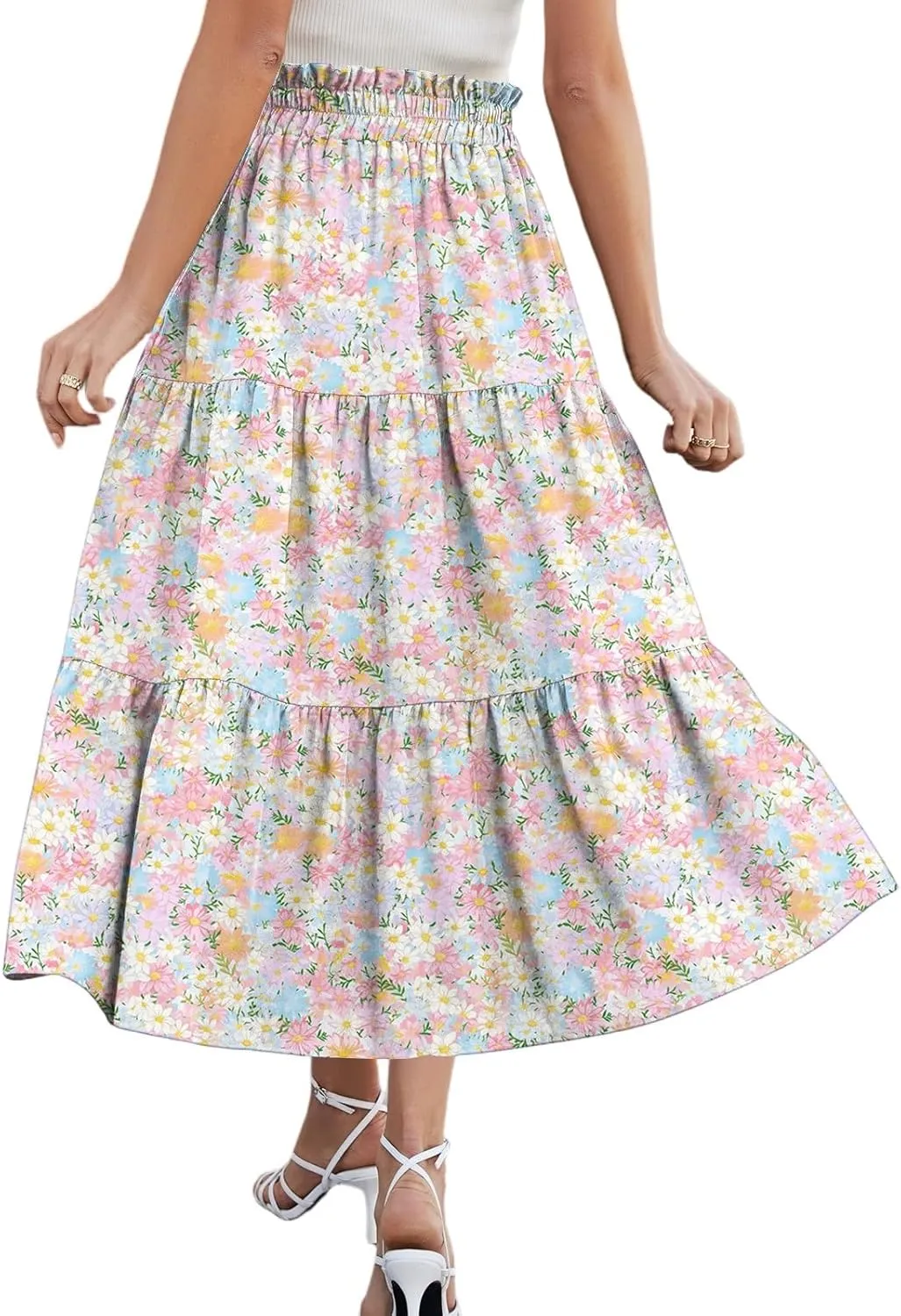 Womens Skirts Midi Length Boho Beach Vacation Flowy Floral Skirt Summer Casual Tiered High Waisted A Line Skirt