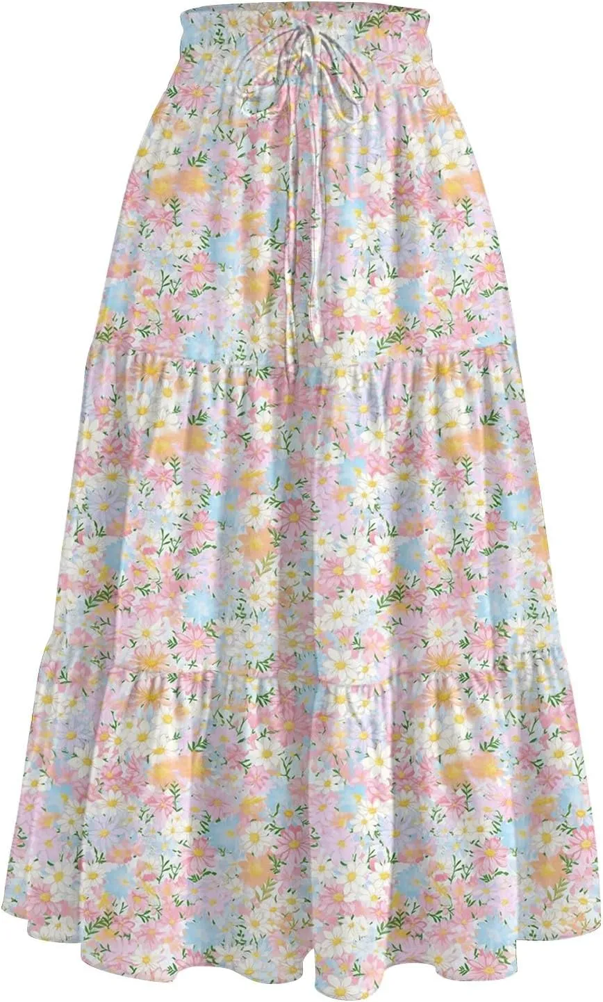 Womens Skirts Midi Length Boho Beach Vacation Flowy Floral Skirt Summer Casual Tiered High Waisted A Line Skirt