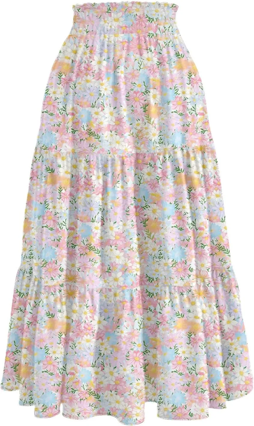 Womens Skirts Midi Length Boho Beach Vacation Flowy Floral Skirt Summer Casual Tiered High Waisted A Line Skirt