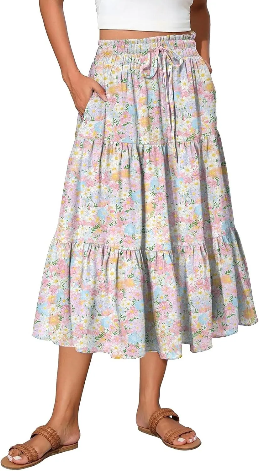 Womens Skirts Midi Length Boho Beach Vacation Flowy Floral Skirt Summer Casual Tiered High Waisted A Line Skirt