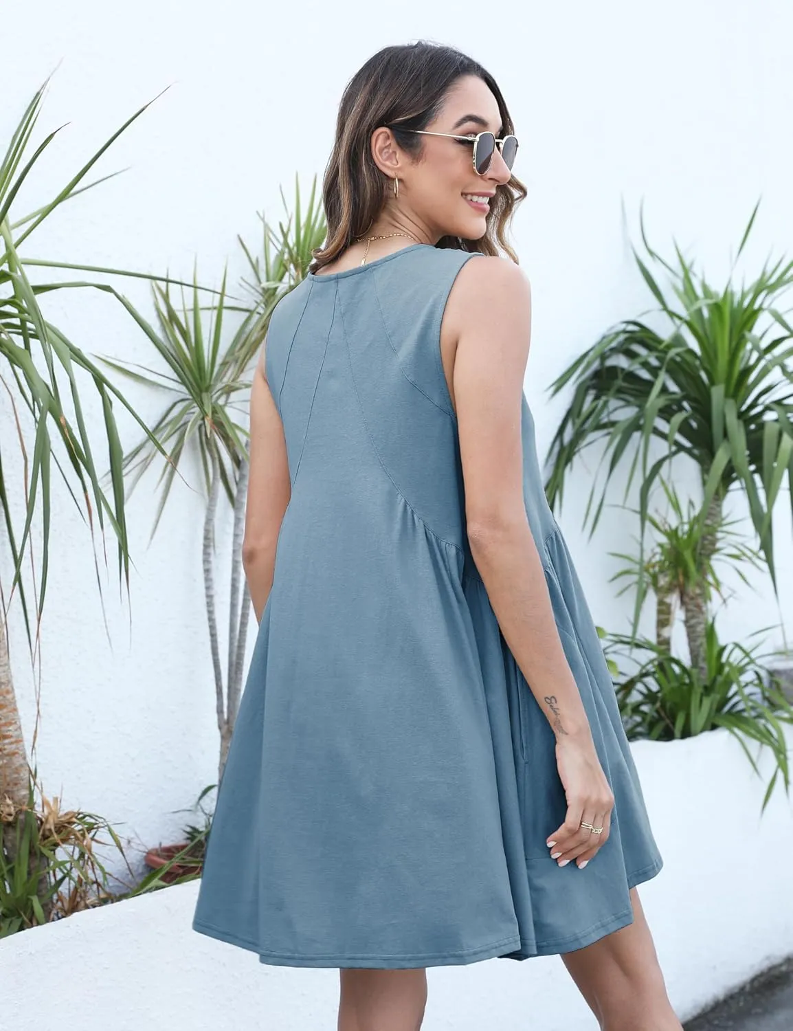 Womens Summer Mini Dress V Neck Sleeveless Tunic Beach Pleated Sundress with Pockets