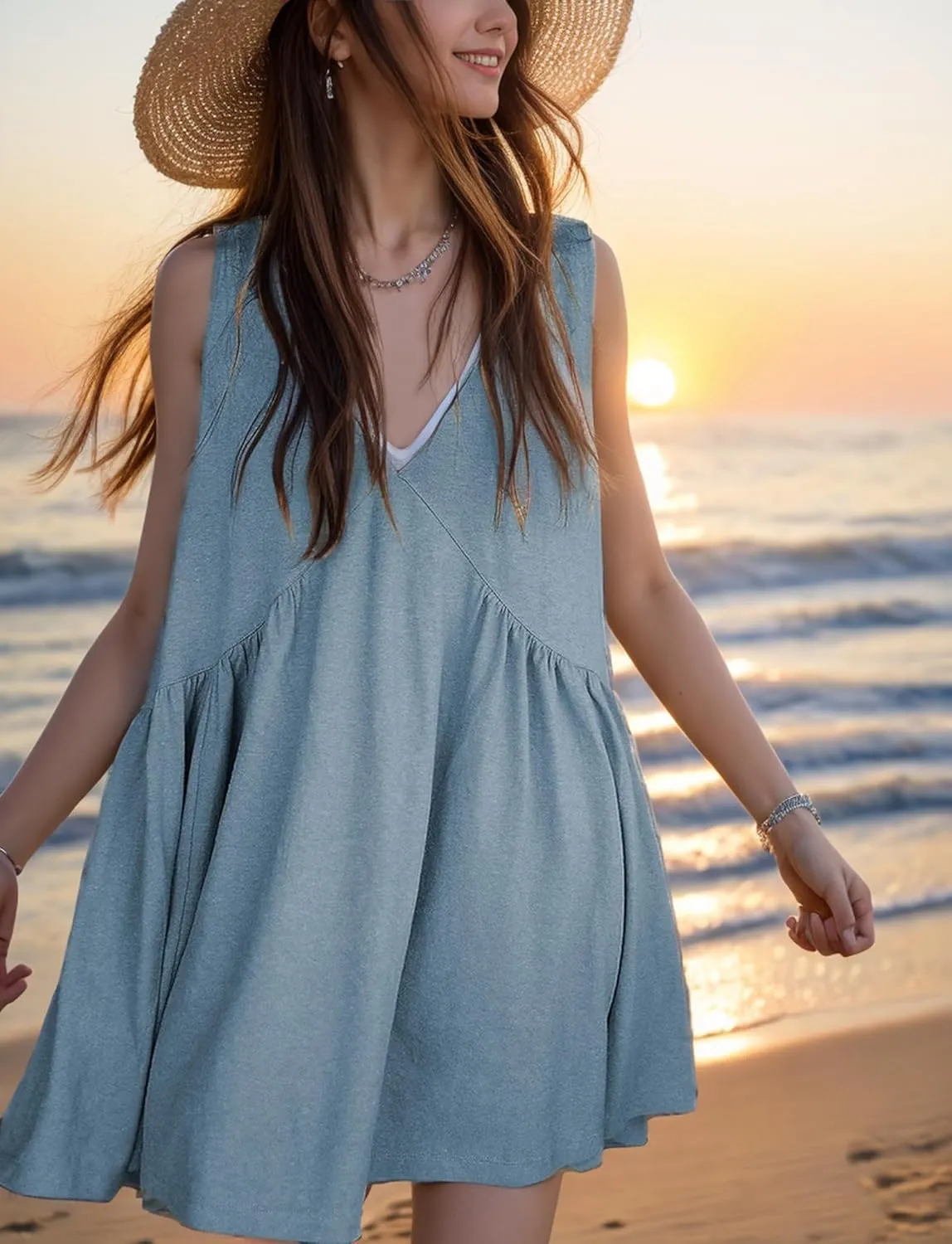 Womens Summer Mini Dress V Neck Sleeveless Tunic Beach Pleated Sundress with Pockets