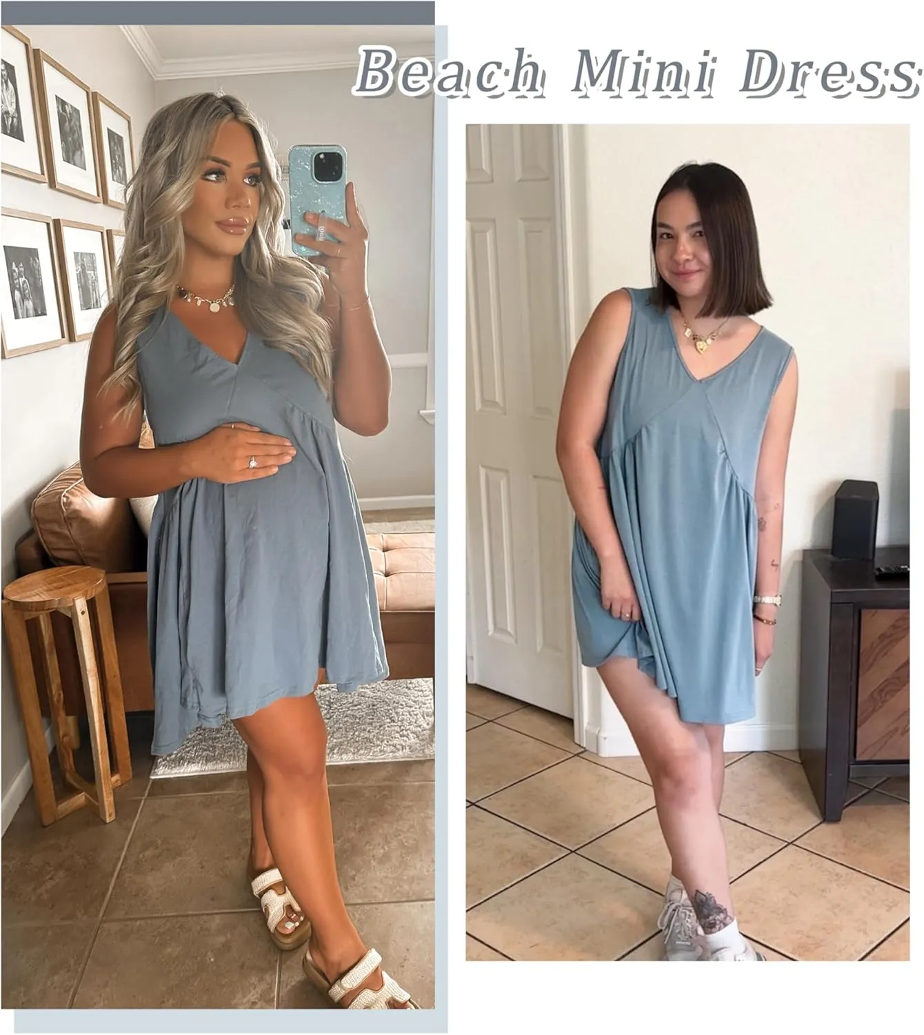 Womens Summer Mini Dress V Neck Sleeveless Tunic Beach Pleated Sundress with Pockets