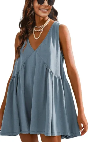 Womens Summer Mini Dress V Neck Sleeveless Tunic Beach Pleated Sundress with Pockets