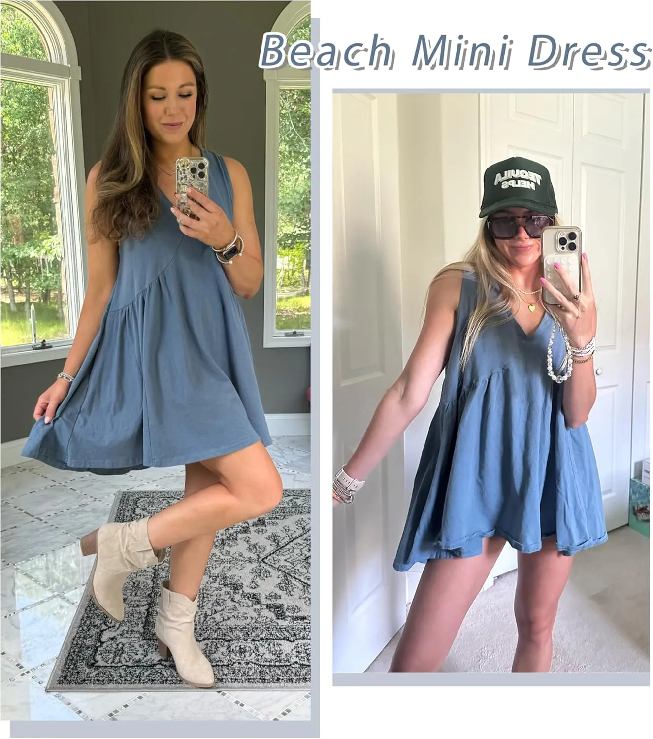 Womens Summer Mini Dress V Neck Sleeveless Tunic Beach Pleated Sundress with Pockets