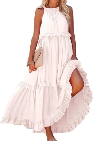 Womens Summer Sleeveless Dress Halter Loose Flowy Ruffle Tiered Maxi Dress Beach Swing Long Dresses Sundress