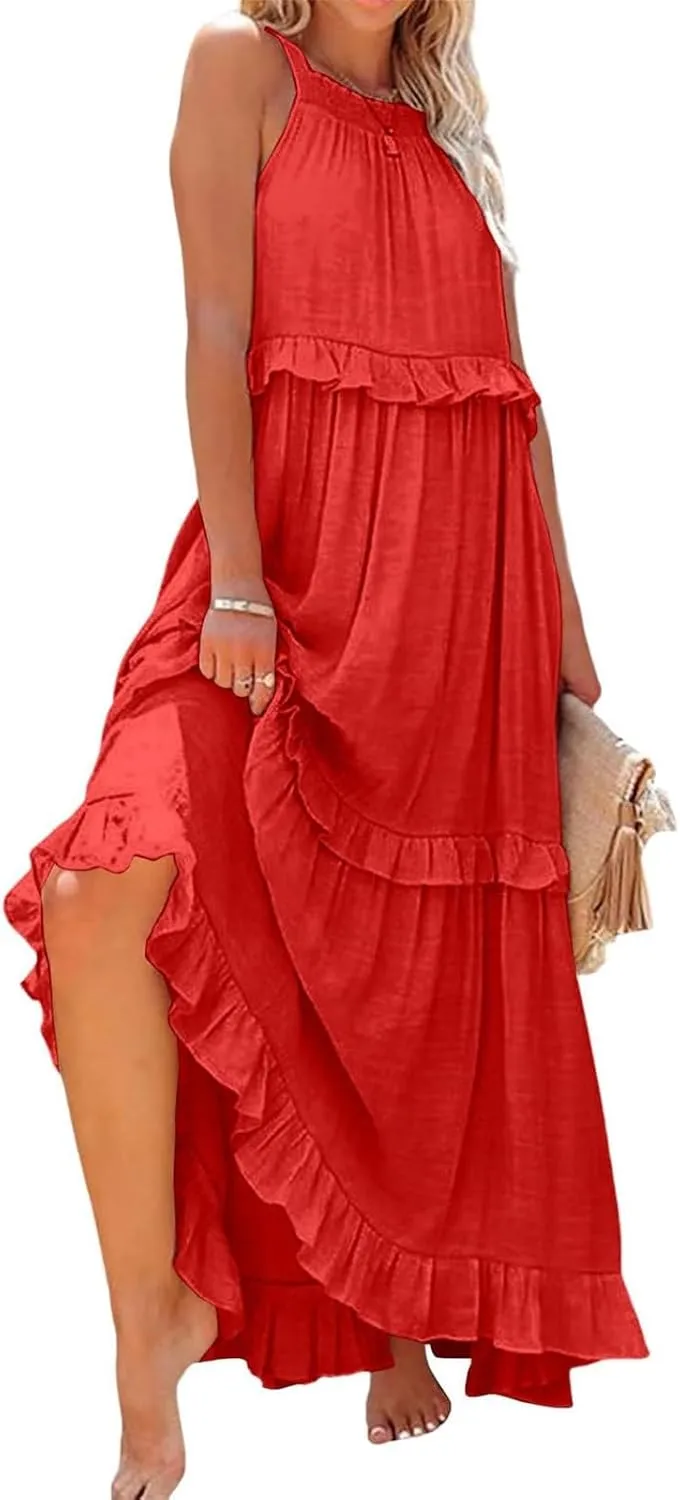 Womens Summer Sleeveless Dress Halter Loose Flowy Ruffle Tiered Maxi Dress Beach Swing Long Dresses Sundress