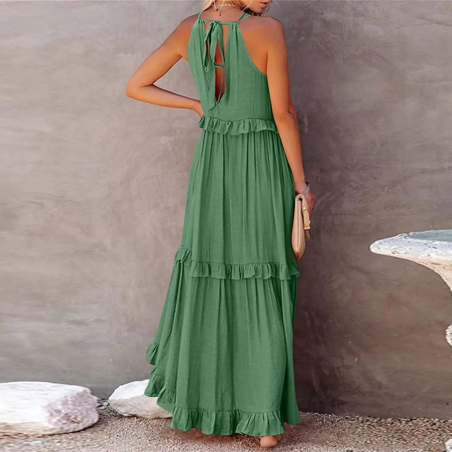 Womens Summer Sleeveless Dress Halter Loose Flowy Ruffle Tiered Maxi Dress Beach Swing Long Dresses Sundress