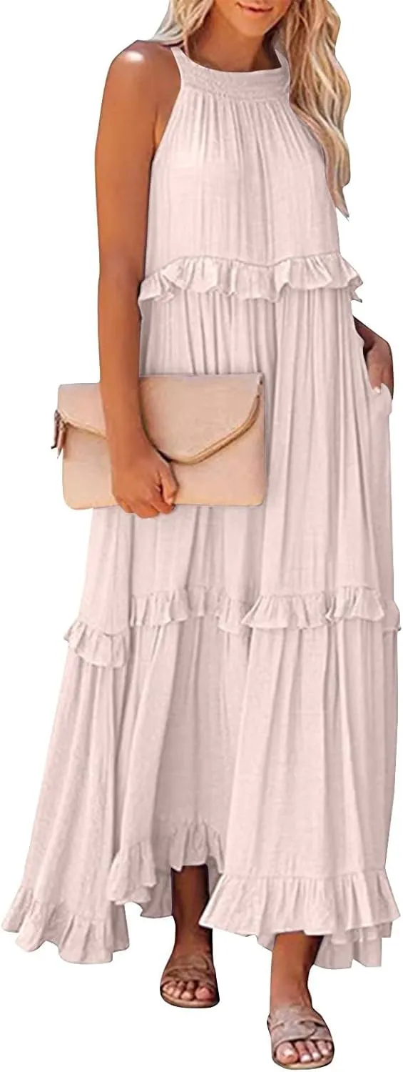 Womens Summer Sleeveless Dress Halter Loose Flowy Ruffle Tiered Maxi Dress Beach Swing Long Dresses Sundress